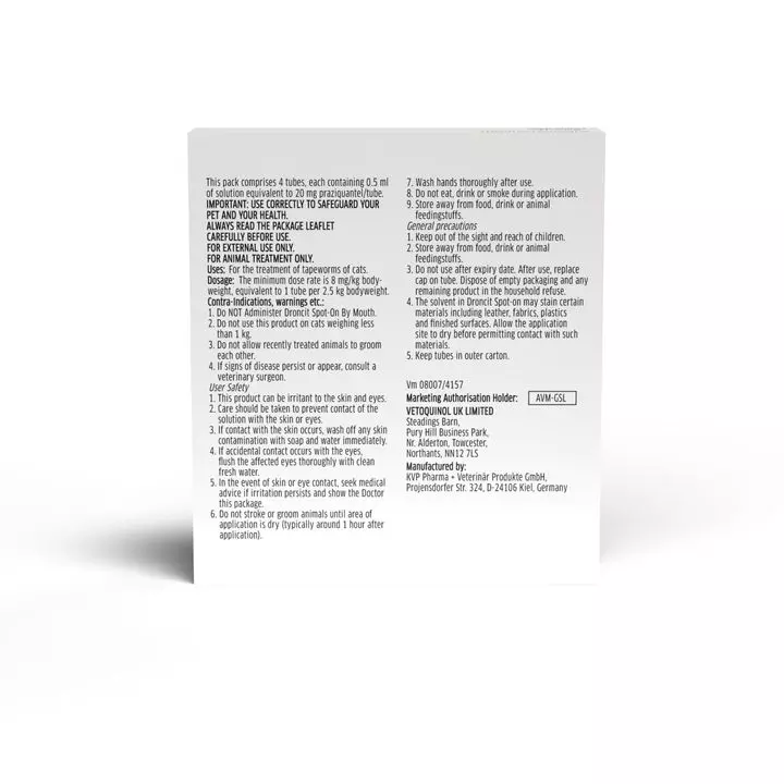 Vetoquinol Droncit Spot-On Tapewormer For Cats 2 Vetoquinol Droncit Spot-On Tapewormer For Cats - Image 2